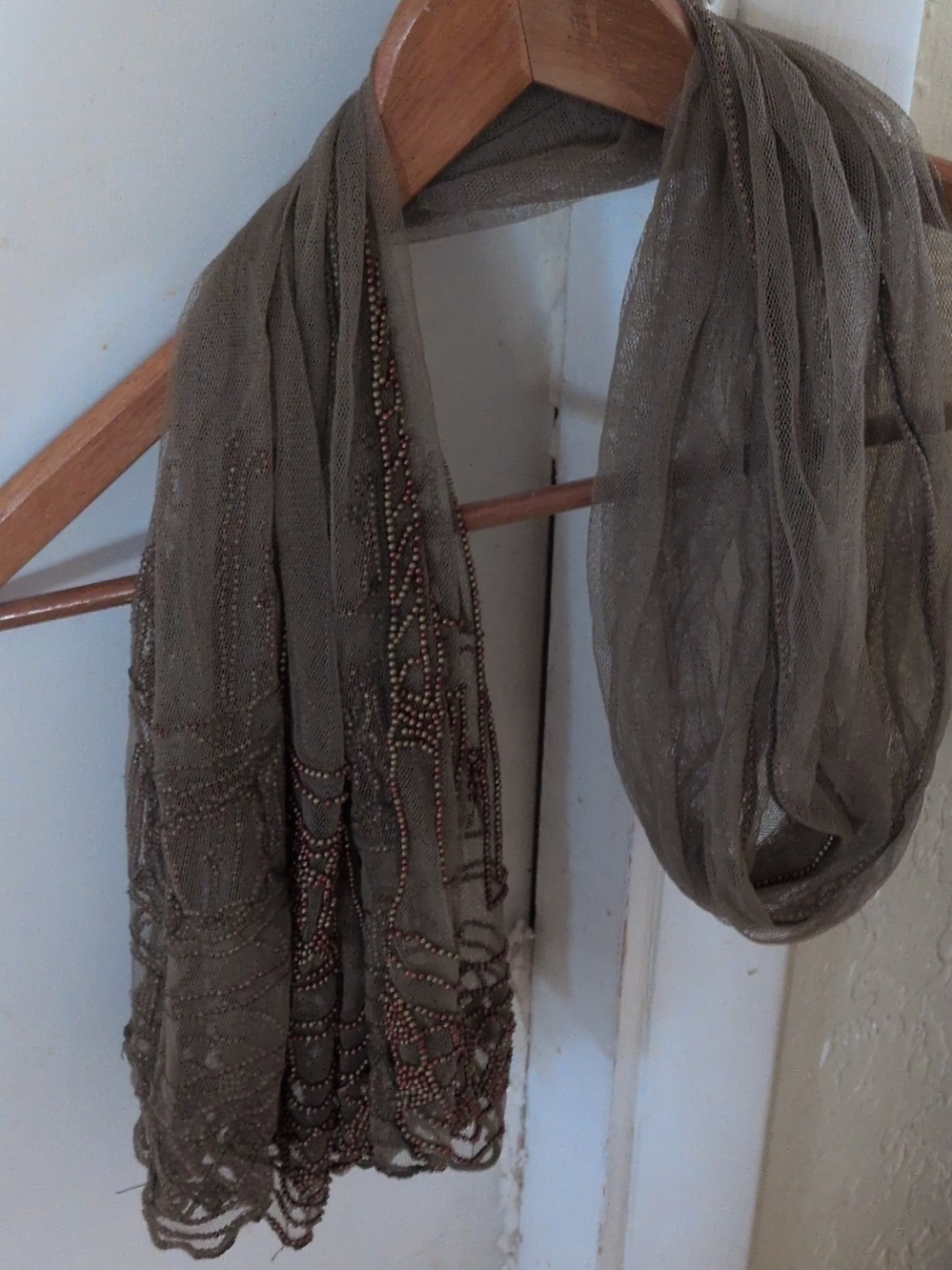 Beaded Embroidered Sheer Scarf in Olive with Pink Accents - Picture 3 of 3